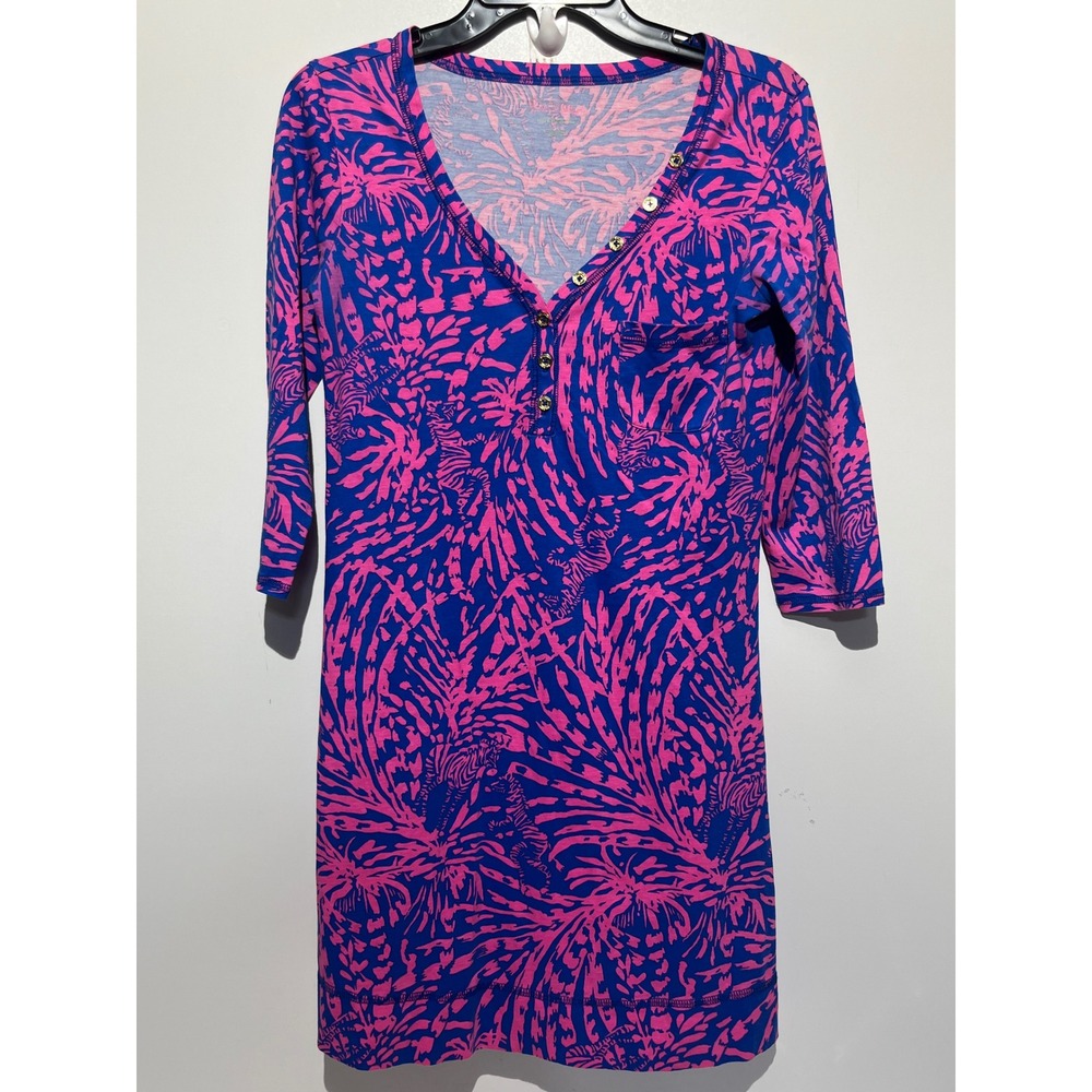 Lilly Pulitzer Zebra‎ My Way Pima Cotton Henley T-Shirt Dress Blue Pink Small
